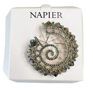 Napier Nautilus Spiral Brooch Green Rhinestone Abalone Gold Tone NWT Pin
